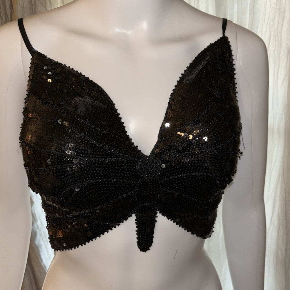 Black 2 pc sequin Butterfly halter top/Wrap skirt coverup set one size N… - Picture 9 of 12